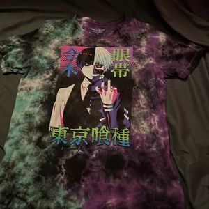 An aqua, purple, white, and black Tokyo Ghoul tie-dye.